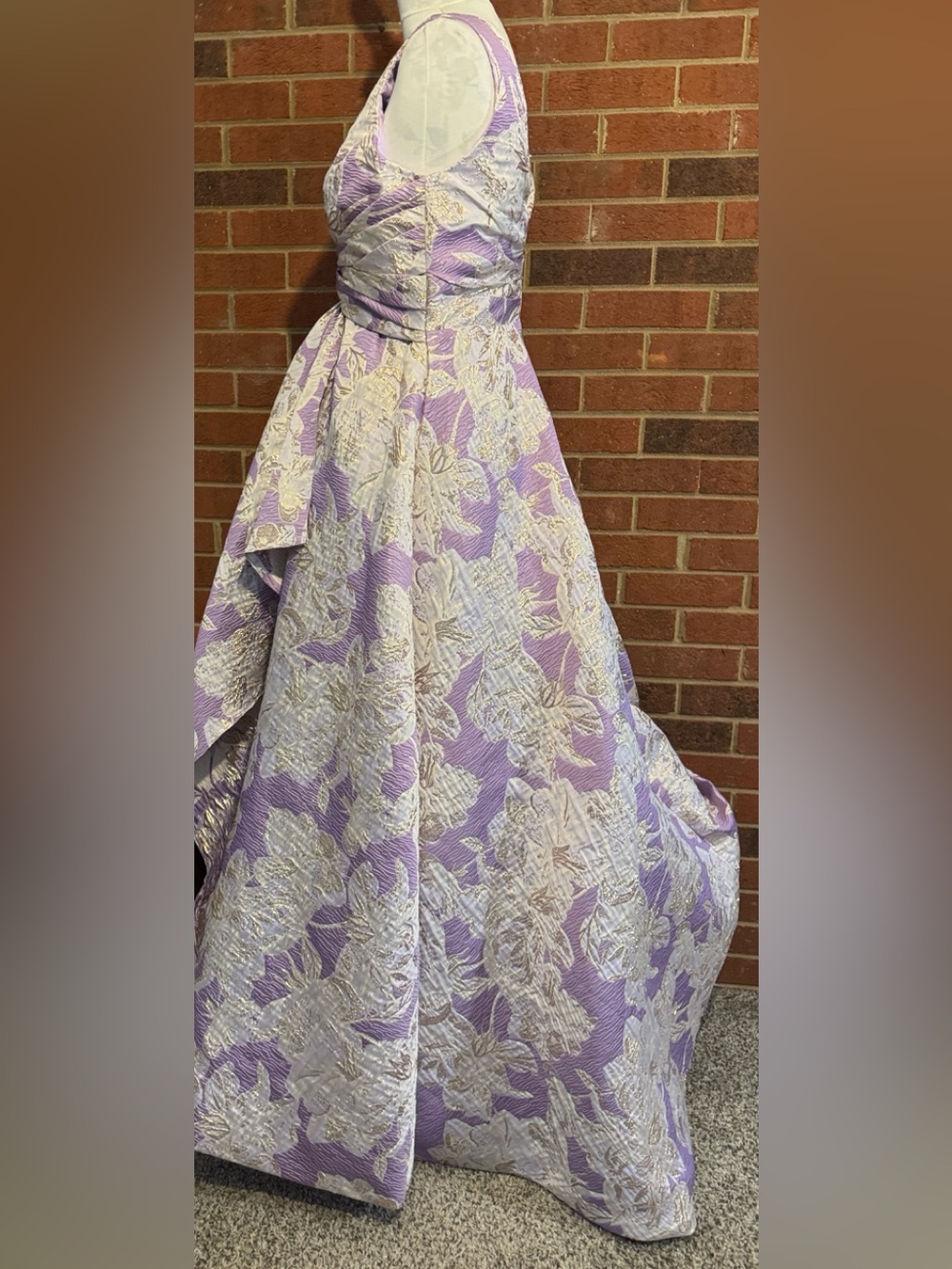 Shirees Lavender, White & Gold Metallic Floral Jacquard Twist-Front A-line Gown - Picture 4 of 10